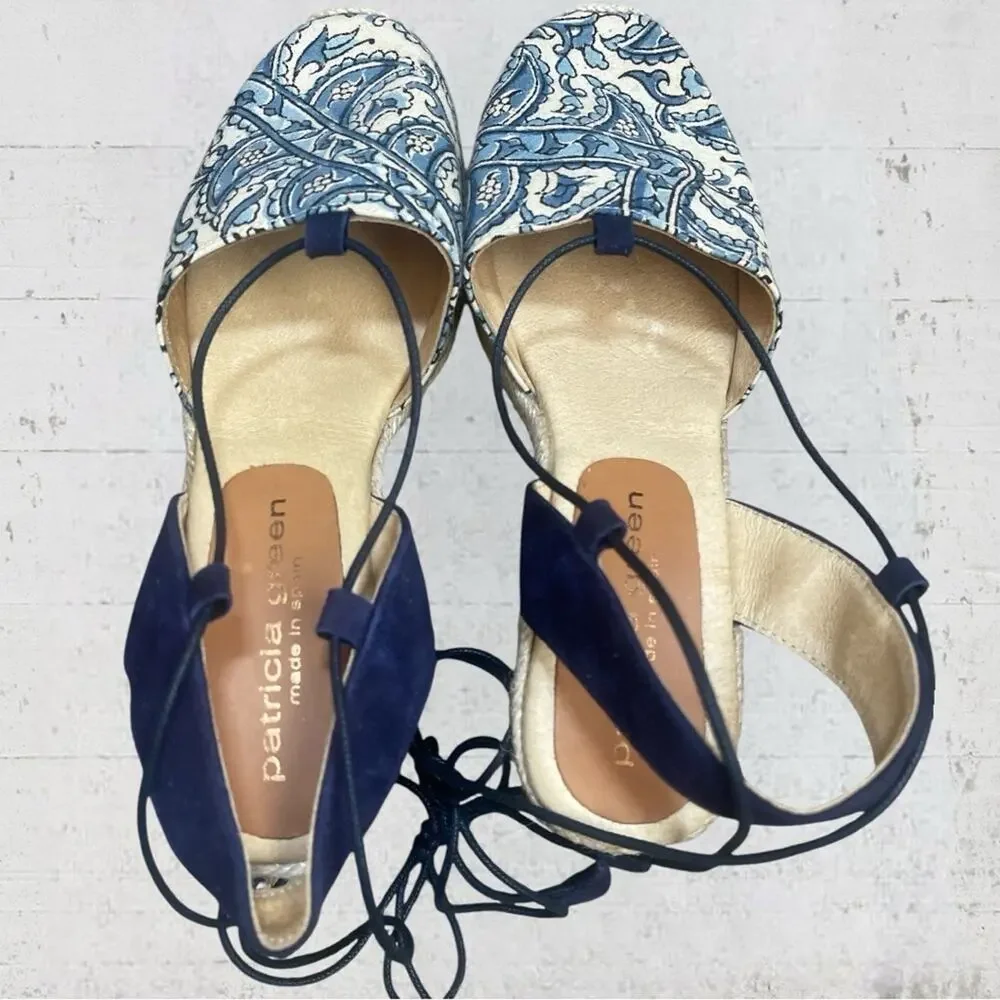 Patricia Green Patti Paisley Blue Sandal Espadrille Wedge Wrap Tie Ankle Size 39